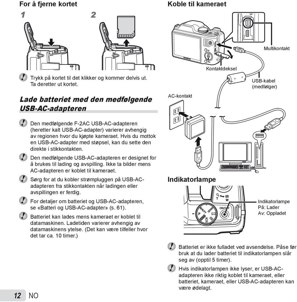 hvor du kjøpte kameraet. Hvis du mottok en USB-AC-adapter med støpsel, kan du sette den direkte i stikkontakten. Den medfølgende USB-AC-adapteren er designet for å brukes til lading og avspilling.