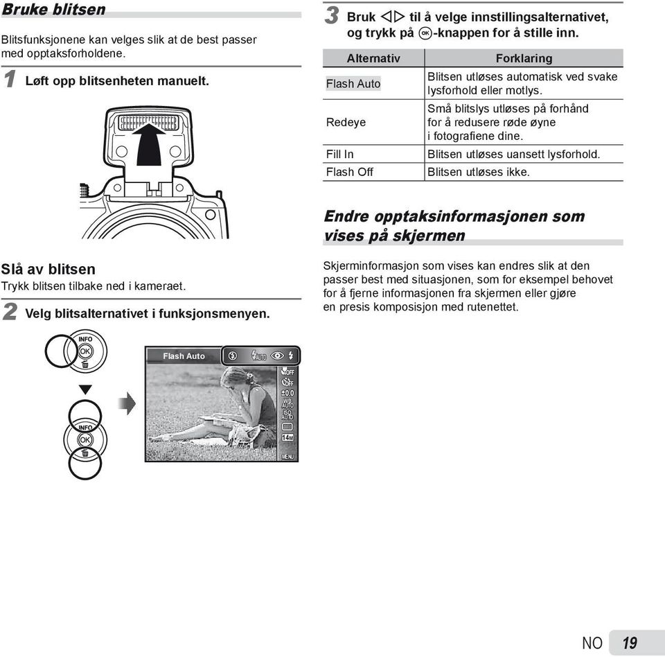 Alternativ Flash Auto Redeye Fill In Flash Off Forklaring Blitsen utløses automatisk ved svake lysforhold eller motlys. Små blitslys utløses på forhånd for å redusere røde øyne i fotografi ene dine.