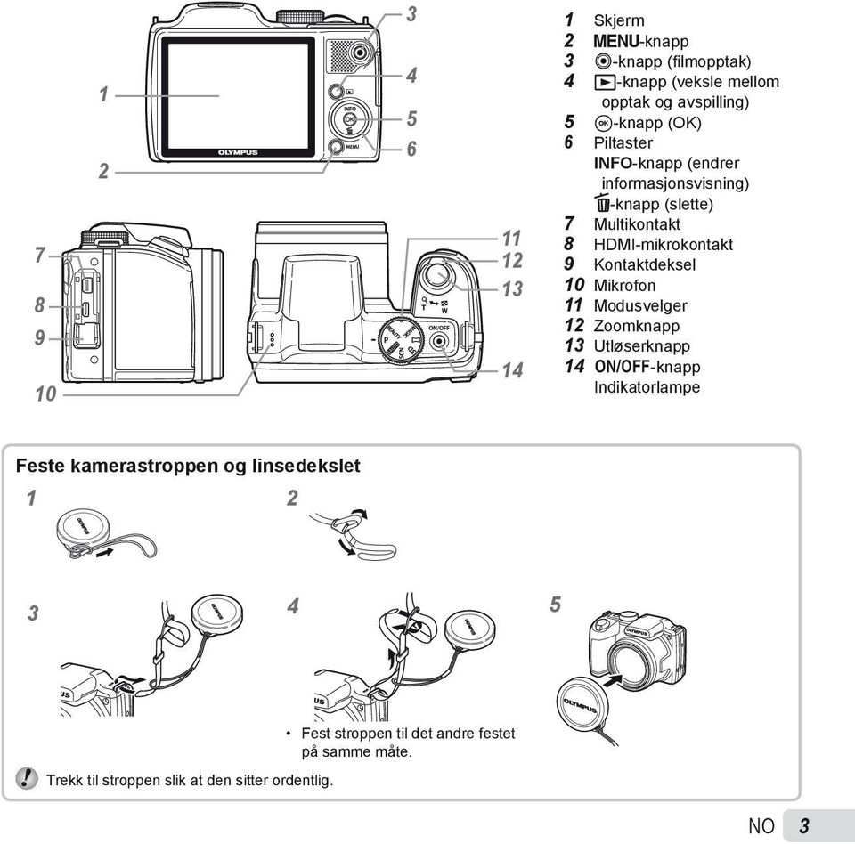 Kontaktdeksel 10 Mikrofon 11 Modusvelger 12 Zoomknapp 13 Utløserknapp 14 n-knapp Indikatorlampe Feste kamerastroppen og