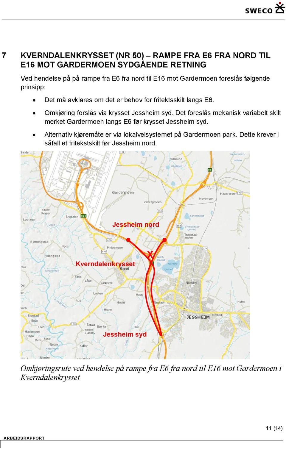 Det foreslås mekanisk variabelt skilt merket Gardermoen langs E6 før krysset syd. Alternativ kjøremåte er via lokalveisystemet på Gardermoen park.
