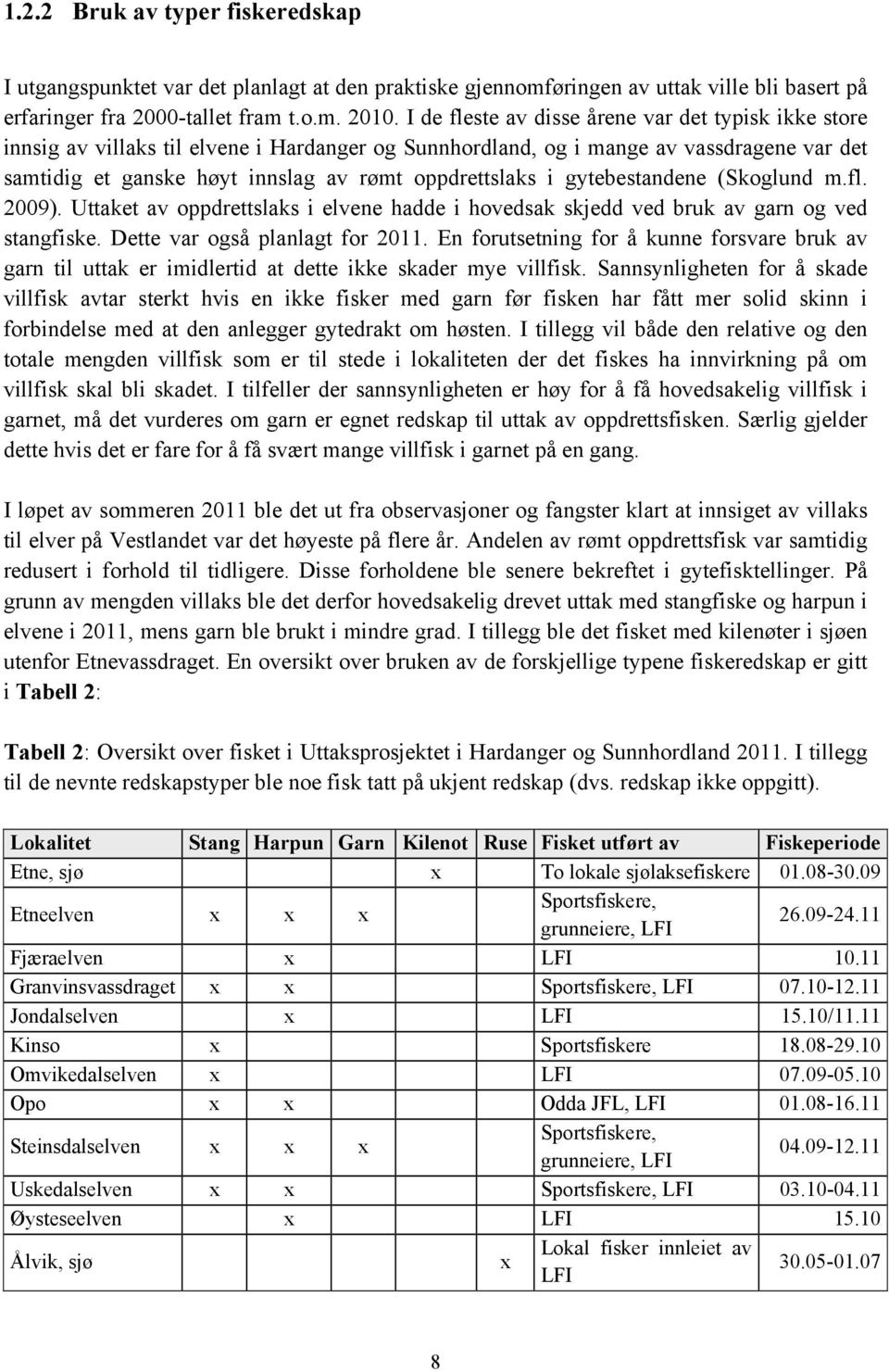 i gytebestandene (Skoglund m.fl. 2009). Uttaket av oppdrettslaks i elvene hadde i hovedsak skjedd ved bruk av garn og ved stangfiske. Dette var også planlagt for 2011.