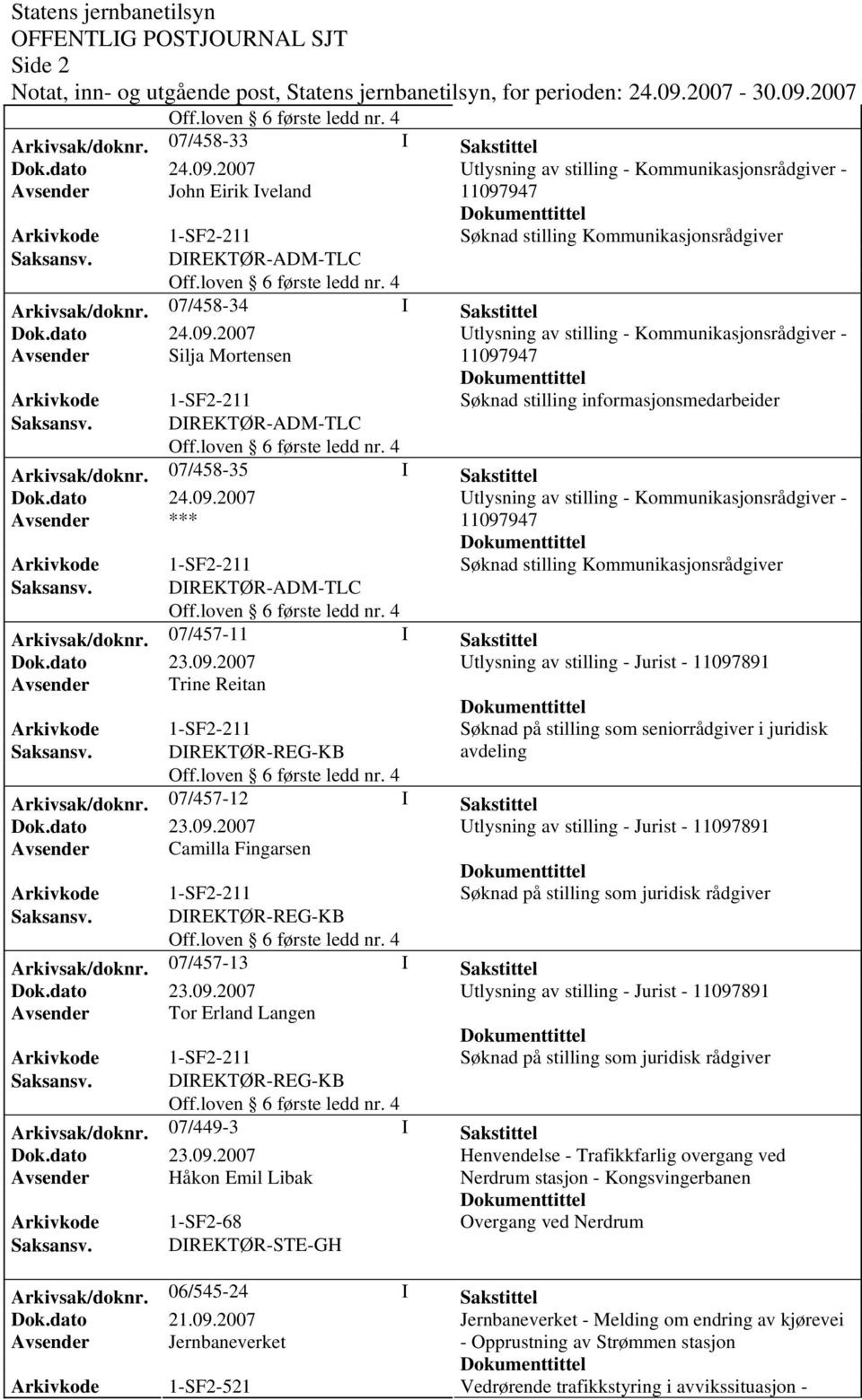 07/457-12 I Sakstittel Avsender Camilla Fingarsen Arkivsak/doknr. 07/457-13 I Sakstittel Avsender Tor Erland Langen Arkivsak/doknr.