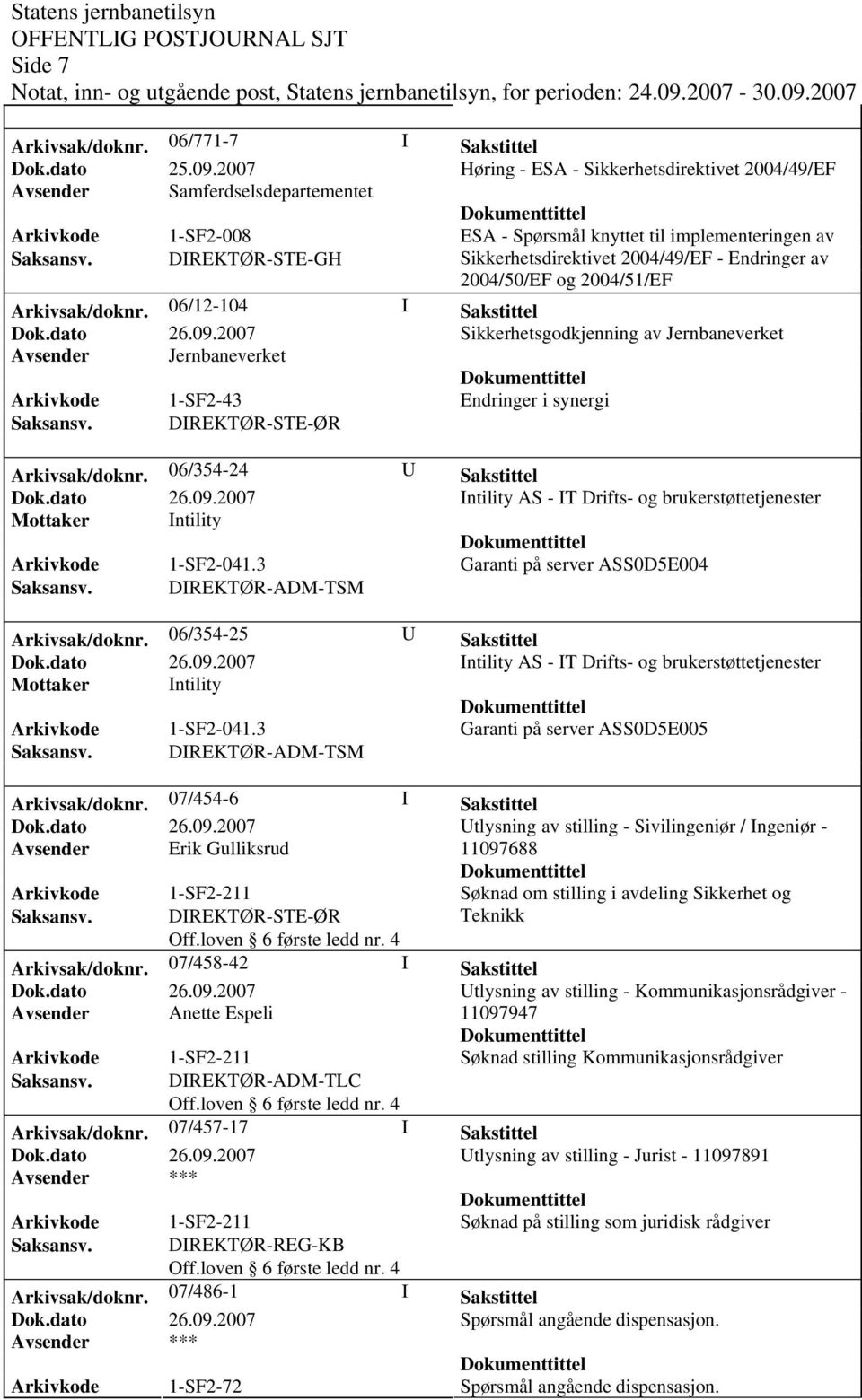 2004/50/EF og 2004/51/EF Arkivsak/doknr. 06/12-104 I Sakstittel Sikkerhetsgodkjenning av Jernbaneverket Arkivkode 1-SF2-43 Endringer i synergi Arkivsak/doknr.