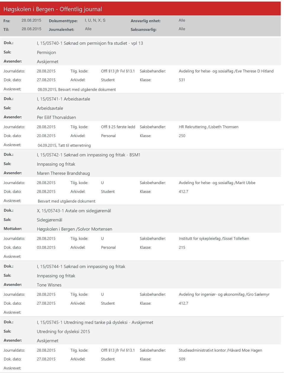 2015, Tatt til etterretning I, 15/05742-1 Søknad om innpassing og fritak - BSM1 Innpassing og fritak Maren Therese Brandshaug Avdeling for helse- og sosialfag /Marit bbe Dok.