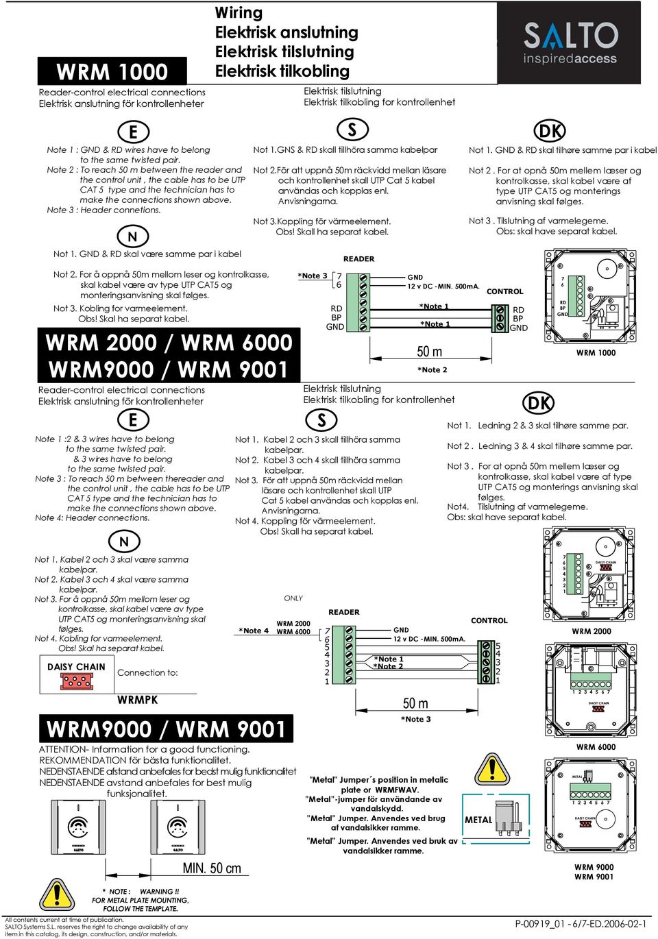 & RD skal være samme par i kabel Not 2. For å oppnå 50m mellom leser og kontrolkasse, skal kabel være av type UTP CAT5 og monteringsanvisning skal følges. Not 3. Kobling for varmeelement. Obs!
