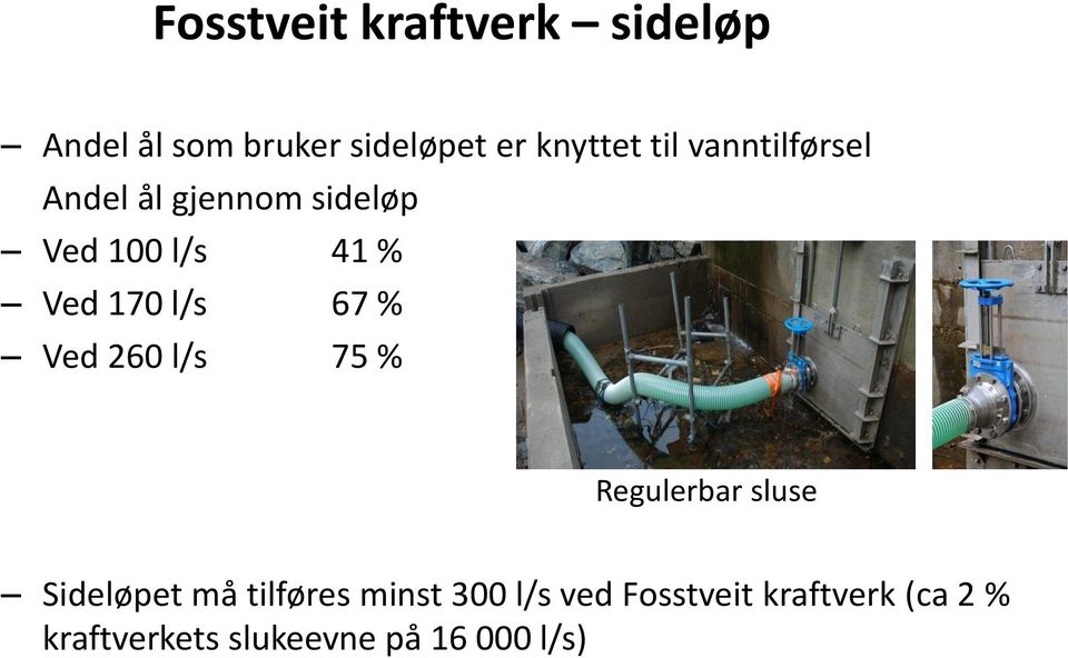 67 % Ved 260 l/s 75 % Regulerbar sluse Sideløpet må tilføres minst 300