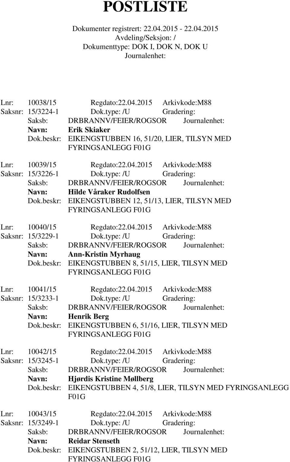 type: /U Gradering: Navn: Ann-Kristin Myrhaug Dok.beskr: EIKENGSTUBBEN 8, 51/15, LIER, TILSYN MED Lnr: 10041/15 Regdato:22.04.2015 Arkivkode:M88 Saksnr: 15/3233-1 Dok.