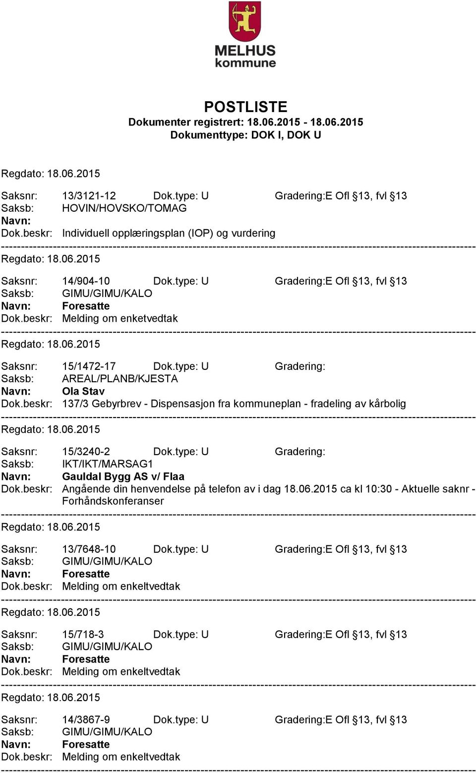 beskr: 137/3 Gebyrbrev - Dispensasjon fra kommuneplan - fradeling av kårbolig Saksnr: 15/3240-2 Dok.type: U Gradering: Saksb: IKT/IKT/MARSAG1 Navn: Gauldal Bygg AS v/ Flaa Dok.