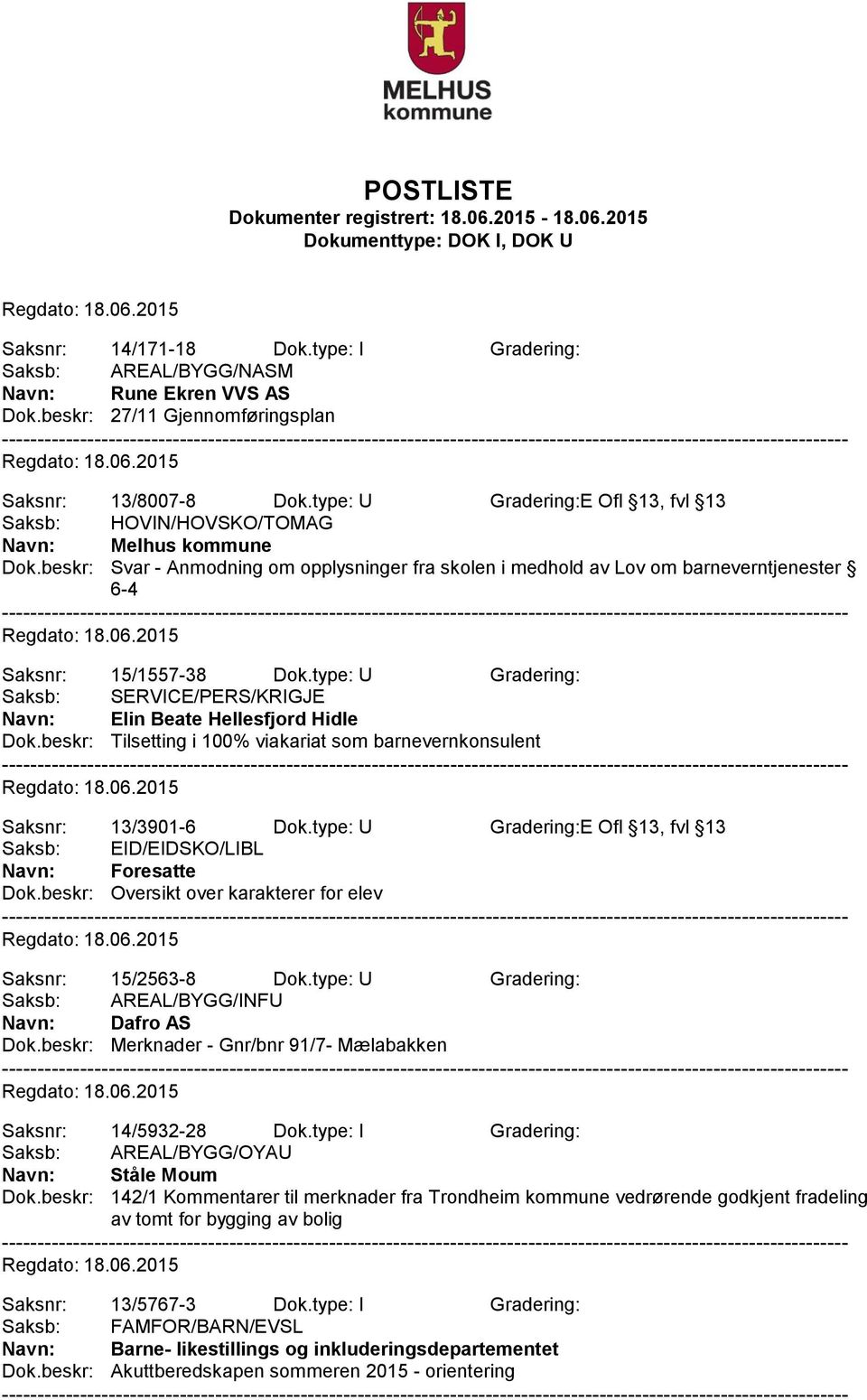 beskr: Svar - Anmodning om opplysninger fra skolen i medhold av Lov om barneverntjenester 6-4 Saksnr: 15/1557-38 Dok.