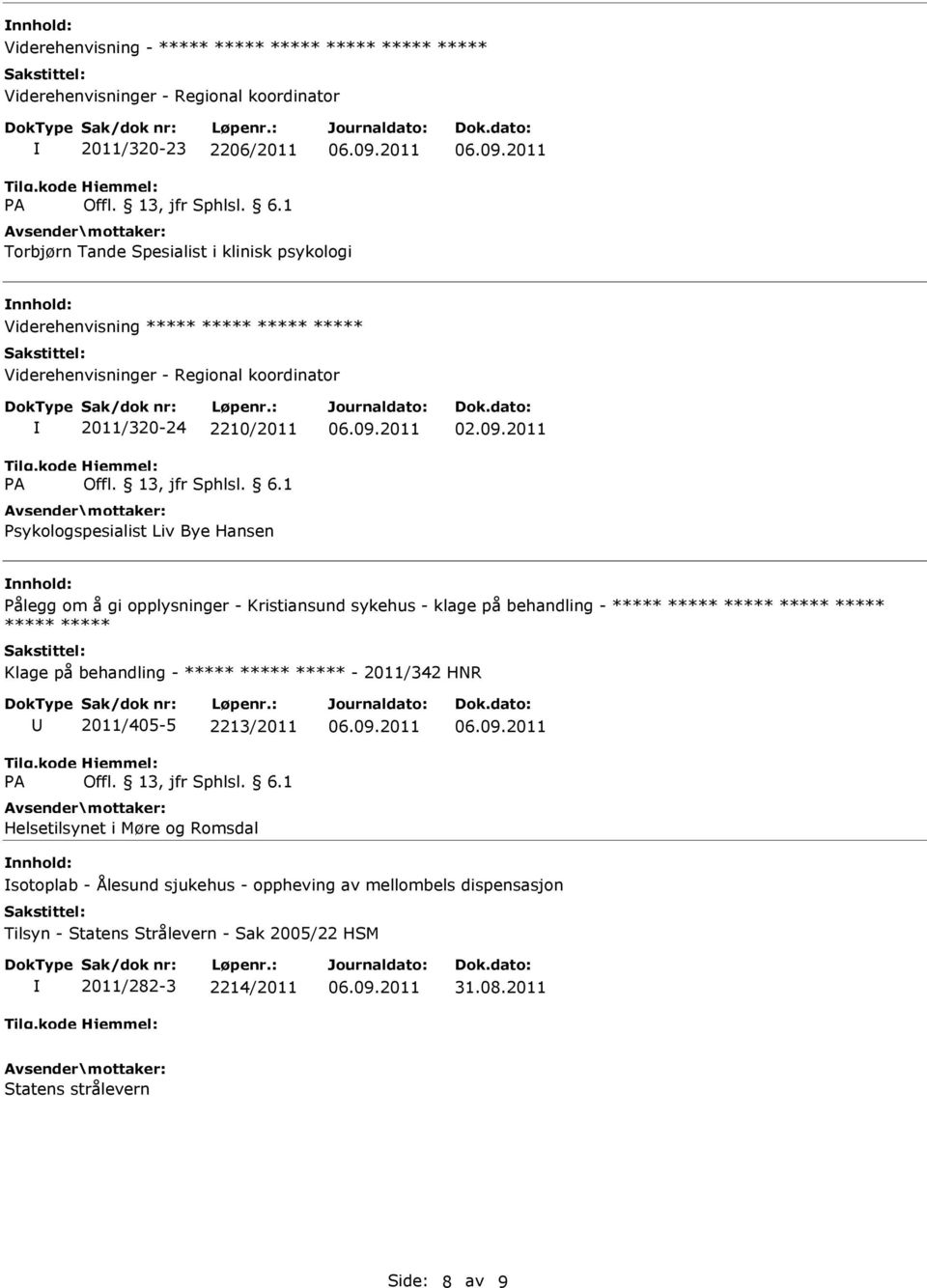 2011 Pålegg om å gi opplysninger - Kristiansund sykehus - klage på behandling - Klage på behandling - - 2011/342 HNR 2011/405-5 2213/2011