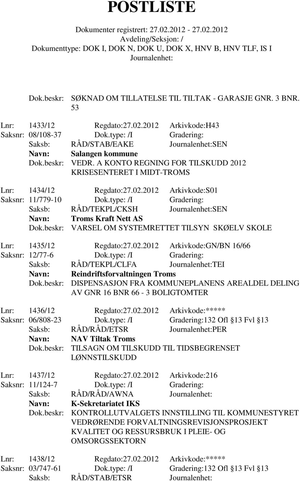 2012 Arkivkode:S01 Saksnr: 11/779-10 Dok.type: /I Gradering: Saksb: RÅD/TEKPL/CKSH SEN Troms Kraft Nett AS Dok.beskr: VARSEL OM SYSTEMRETTET TILSYN SKØELV SKOLE Lnr: 1435/12 Regdato:27.02.