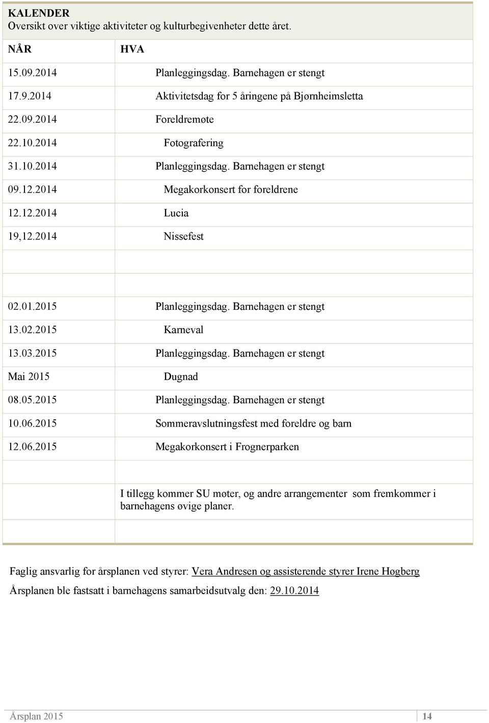 2015 Mai 2015 Planleggingsdag. Barnehagen er stengt Karneval Planleggingsdag. Barnehagen er stengt Dugnad 08.05.2015 Planleggingsdag. Barnehagen er stengt 10.06.