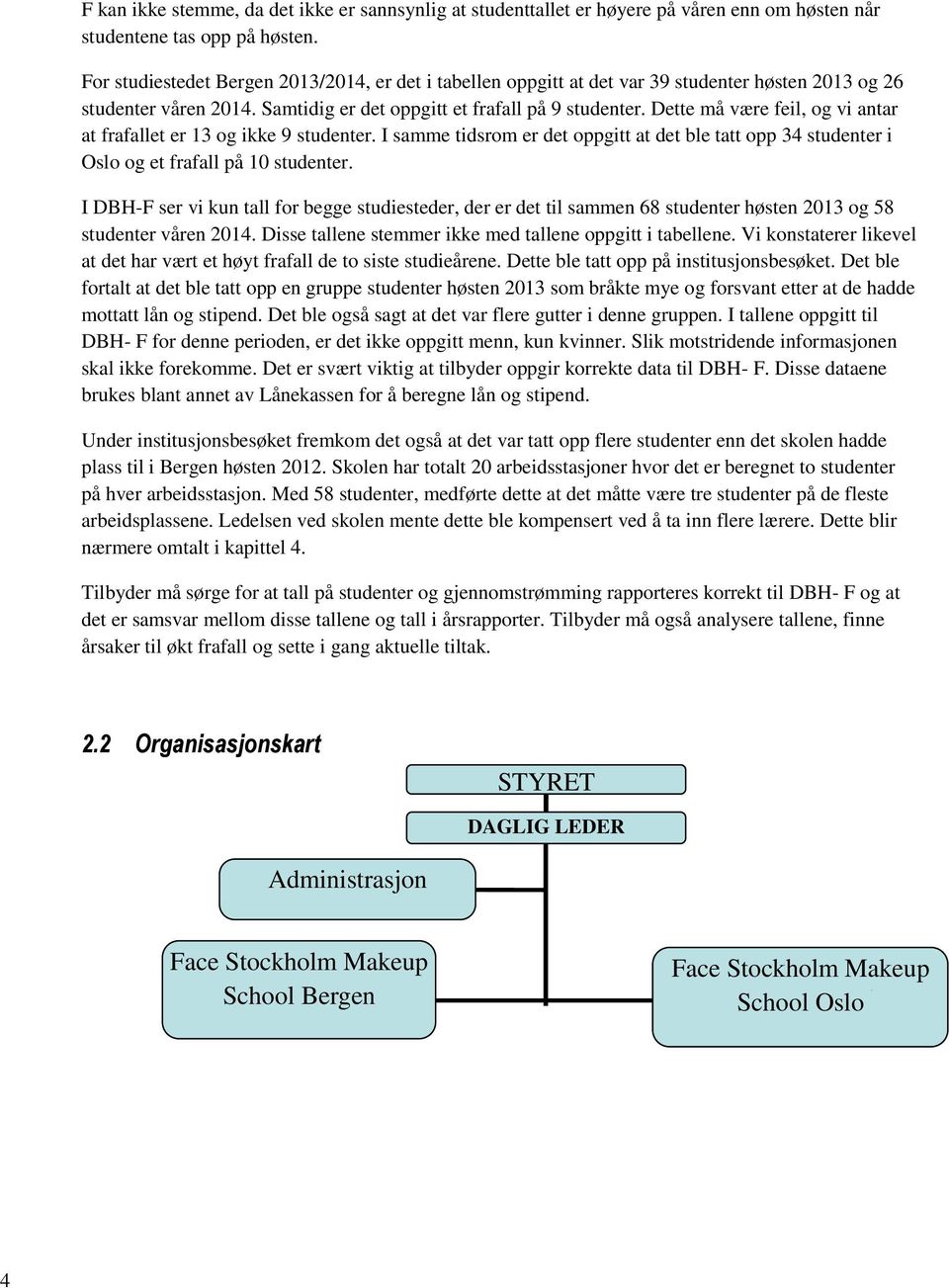 Dette må være feil, og vi antar at frafallet er 13 og ikke 9 studenter. I samme tidsrom er det oppgitt at det ble tatt opp 34 studenter i Oslo og et frafall på 10 studenter.