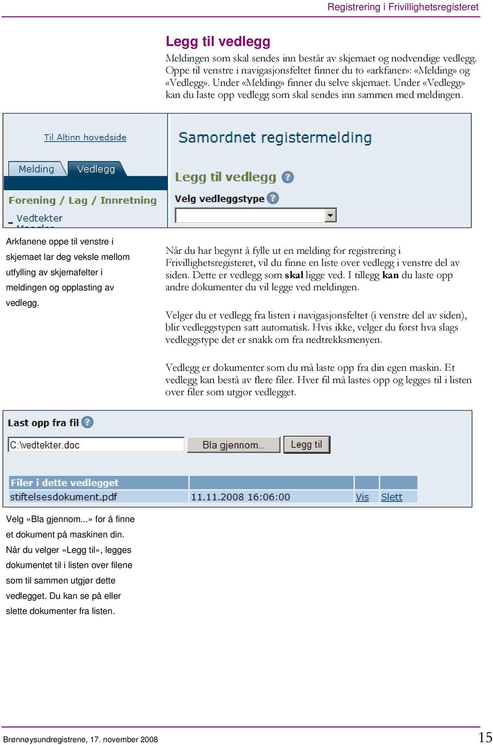 Arkfanene oppe til venstre i skjemaet lar deg veksle mellom utfylling av skjemafelter i meldingen og opplasting av vedlegg.