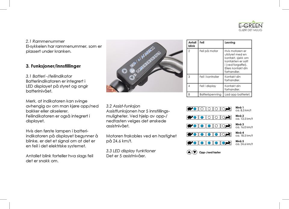 Feilindikatoren er også integrert i displayet. Hvis den første lampen i batteriindikatoren på displayet begynner å blinke, er det et signal om at det er en feil i det elektriske systemet.