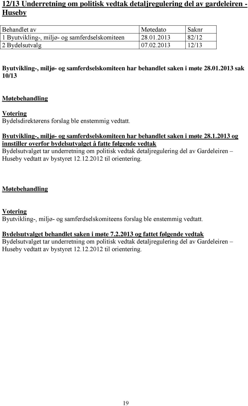 12.2012 til orientering. Byutvikling-, miljø- og samferdselskomiteens forslag ble enstemmig vedtatt.