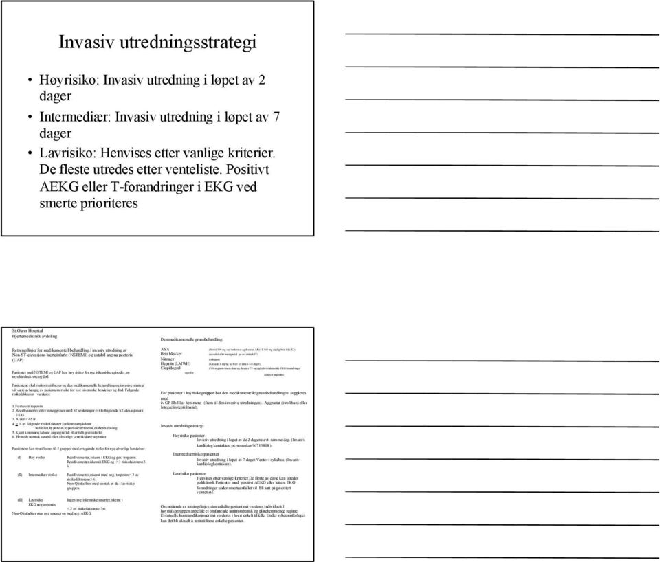 Olavs Hospital Hjertemedisinsk avdeling Den medikamentelle grunnbehandling: Retningslinjer for medikamentell behandling / invasiv utredning av Non-ST-elevasjons hjerteinfarkt (NSTEMI) og ustabil