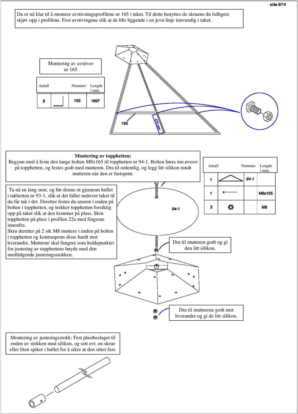 Montering av avstiver nr 165 Antall Nummer Lengde Montering av topphetten: Begynn med å feste den lange bolten M8x165 til topphetten nr 94-1.