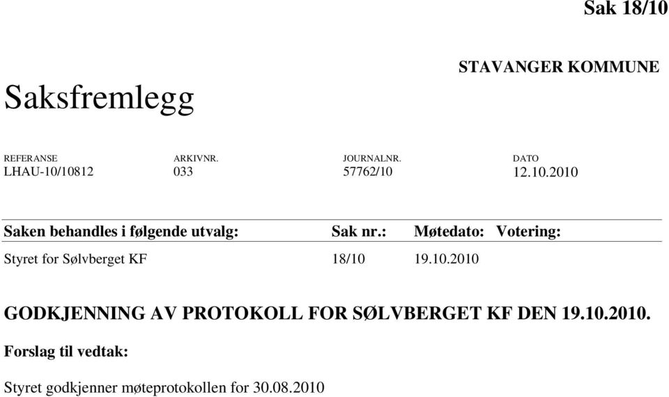 : Møtedato: Votering: Styret for Sølvberget KF 18/10 