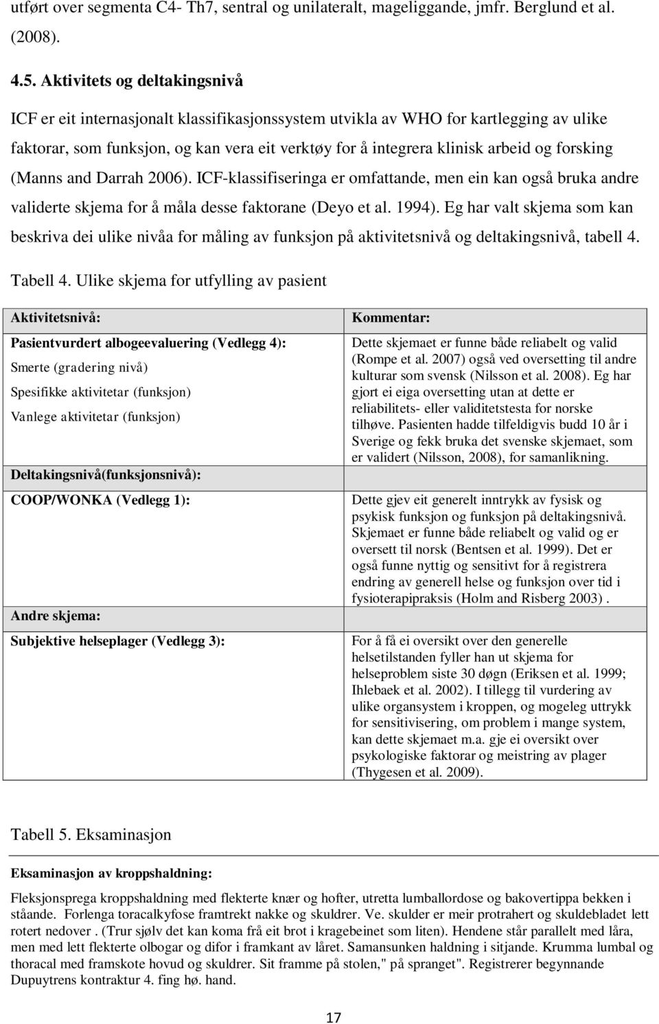 forsking (Manns and Darrah 2006). ICF-klassifiseringa er omfattande, men ein kan også bruka andre validerte skjema for å måla desse faktorane (Deyo et al. 1994).