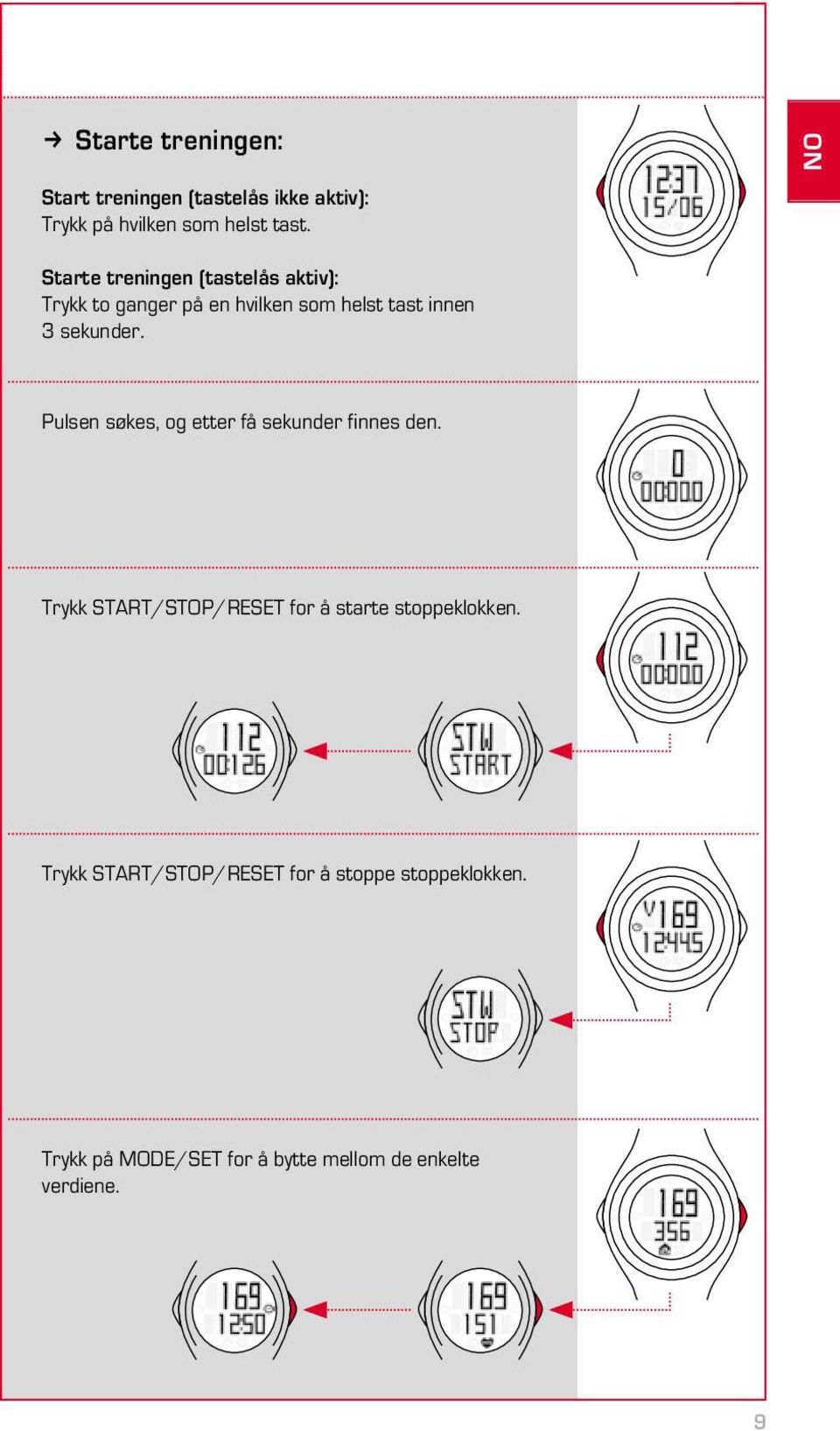 Pulsen søkes, og etter få sekunder finnes den. Trykk START/STOP/RESET for å starte stoppeklokken.