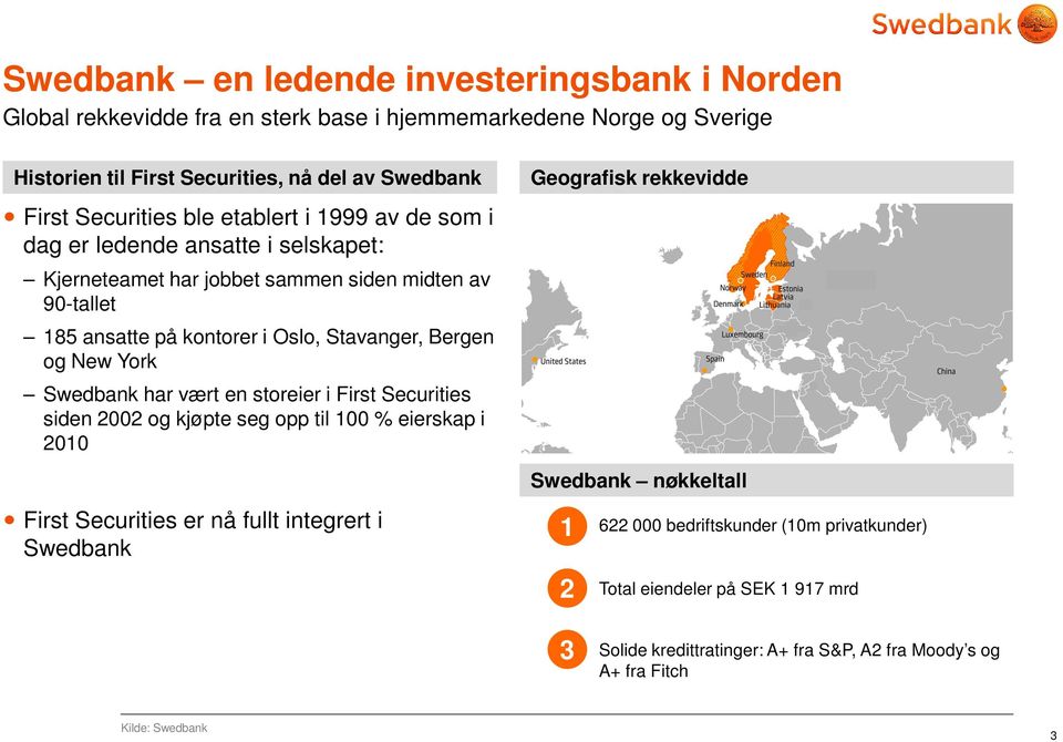 Bergen og New York Swedbank har vært en storeier i First Securities siden 2002 og kjøpte seg opp til 100 % eierskap i 2010 First Securities er nå fullt integrert i Swedbank Geografisk