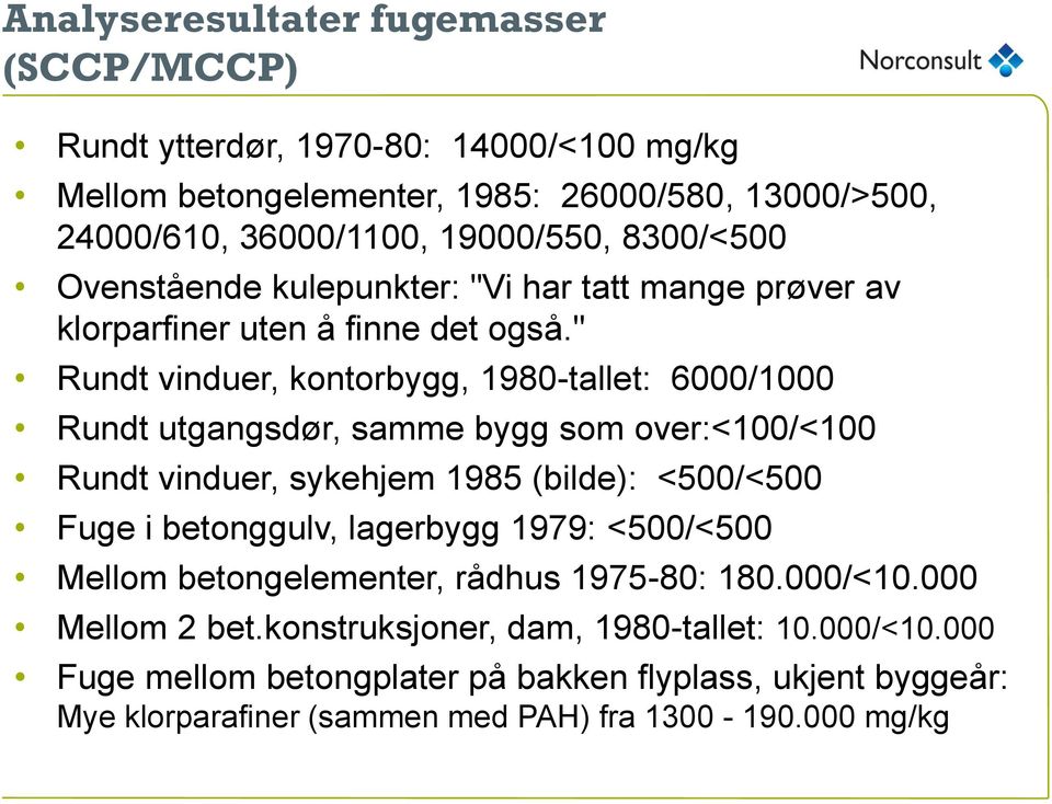 " Rundt vinduer, kontorbygg, 1980-tallet: 6000/1000 Rundt utgangsdør, samme bygg som over:<100/<100 Rundt vinduer, sykehjem 1985 (bilde): <500/<500 Fuge i betonggulv,