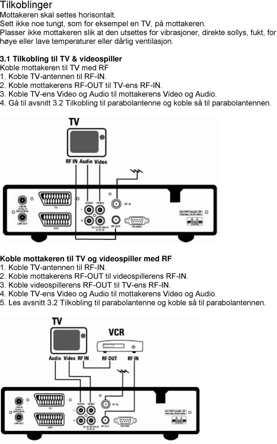 1 Tilkobling til TV & videospiller Koble mottakeren til TV med RF 1. Koble TV-antennen til RF-IN. 2. Koble mottakerens RF-OUT til TV-ens RF-IN. 3.