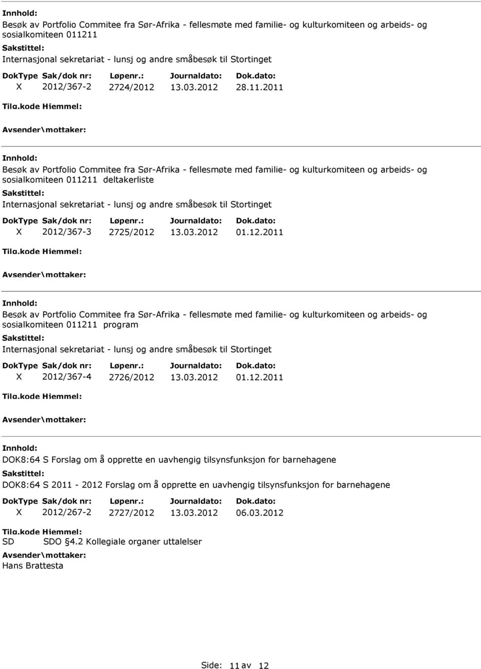 2011 Besøk av Portfolio Commitee fra Sør-Afrika - fellesmøte med familie- og kulturkomiteen og arbeids- og sosialkomiteen 011211 deltakerliste nternasjonal sekretariat - lunsj og andre småbesøk til