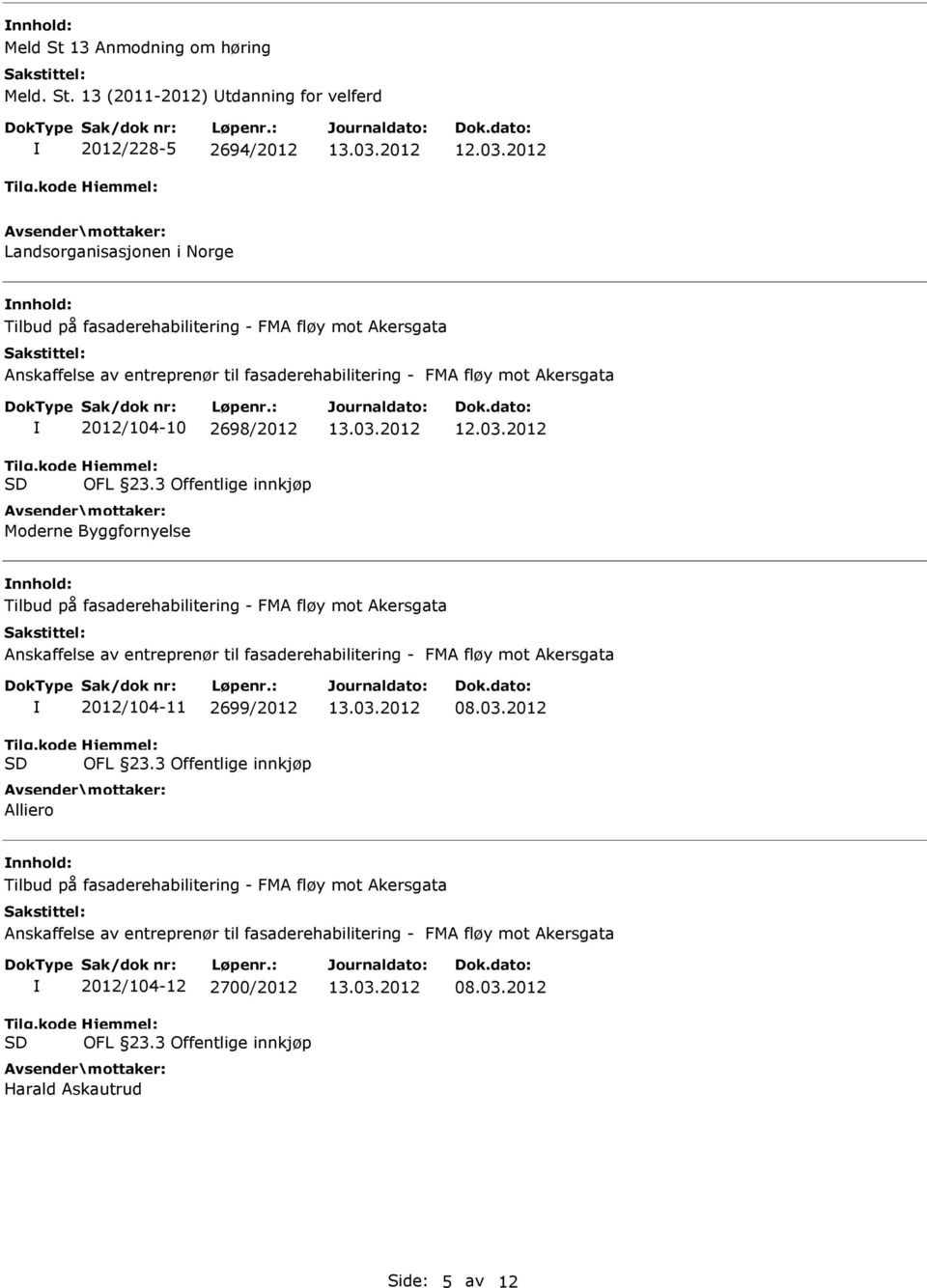 13 (2011-2012) tdanning for velferd 2012/228-5 2694/2012 Landsorganisasjonen i Norge Tilbud på fasaderehabilitering - FMA fløy mot Akersgata Anskaffelse av entreprenør til