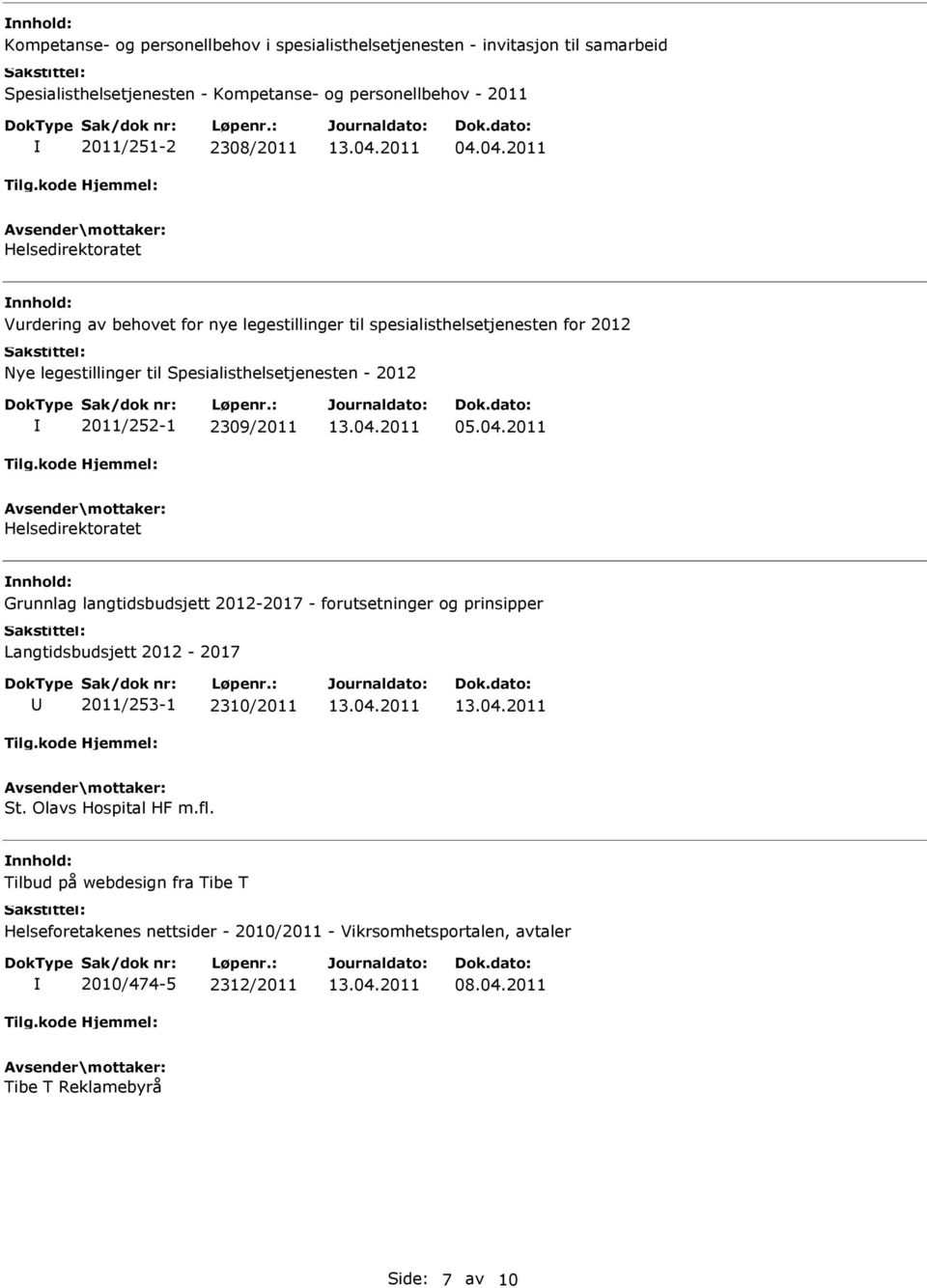 2011/252-1 2309/2011 05.04.2011 Helsedirektoratet Grunnlag langtidsbudsjett 2012-2017 - forutsetninger og prinsipper Langtidsbudsjett 2012-2017 2011/253-1 2310/2011 St.