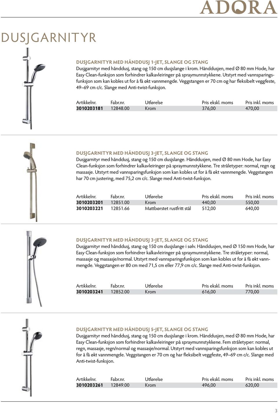 Veggstangen er 70 cm og har fleksibelt veggfeste, 49 69 cm c/c. Slange med Anti-twist-funksjon. 3010203181 12848.