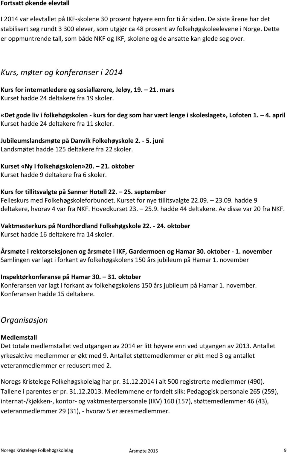 Dette er oppmuntrende tall, som både NKF og IKF, skolene og de ansatte kan glede seg over. Kurs, møter og konferanser i 2014 Kurs for internatledere og sosiallærere, Jeløy, 19. 21.