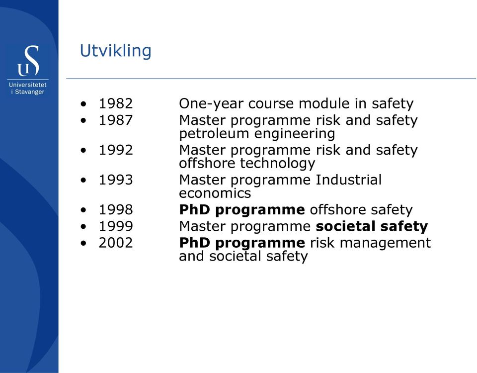 technology 1993 Master programme Industrial economics 1998 PhD programme offshore