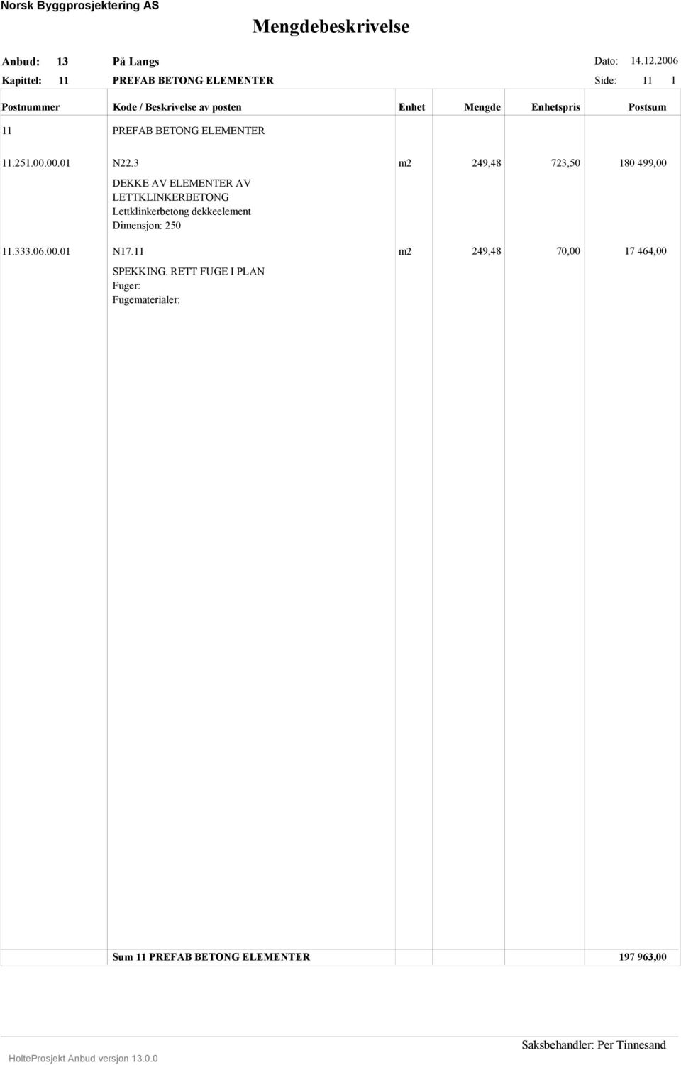 Lettklinkerbetong dekkeelement Dimensjon: 250.333.06.00.0 N7.