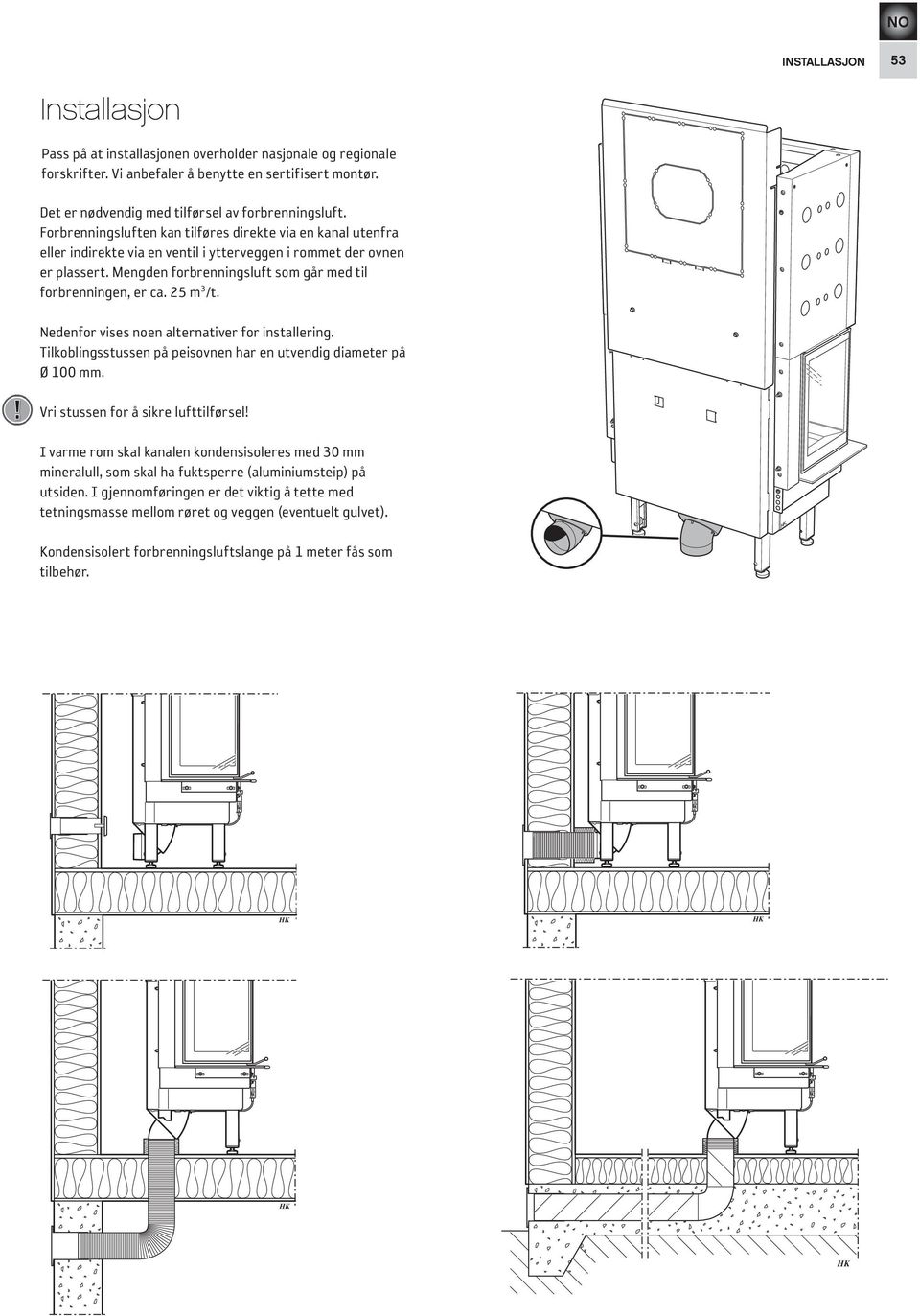 25 m 3 /t.! Nedenfor vises noen alternativer for installering. Tilkoblingsstussen på peisovnen har en utvendig diameter på Ø mm. Vri stussen for å sikre lufttilførsel!