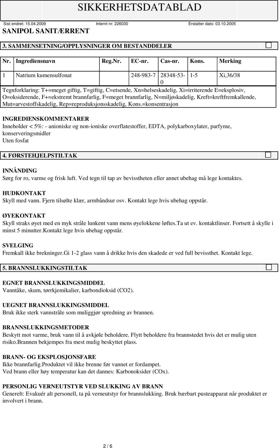 brannfarlig, F=meget brannfarlig, N=miljøskadelig, Kreft=kreftfremkallende, Mut=arvestoffskadelig, Rep=reproduksjonsskadelig, Kons.