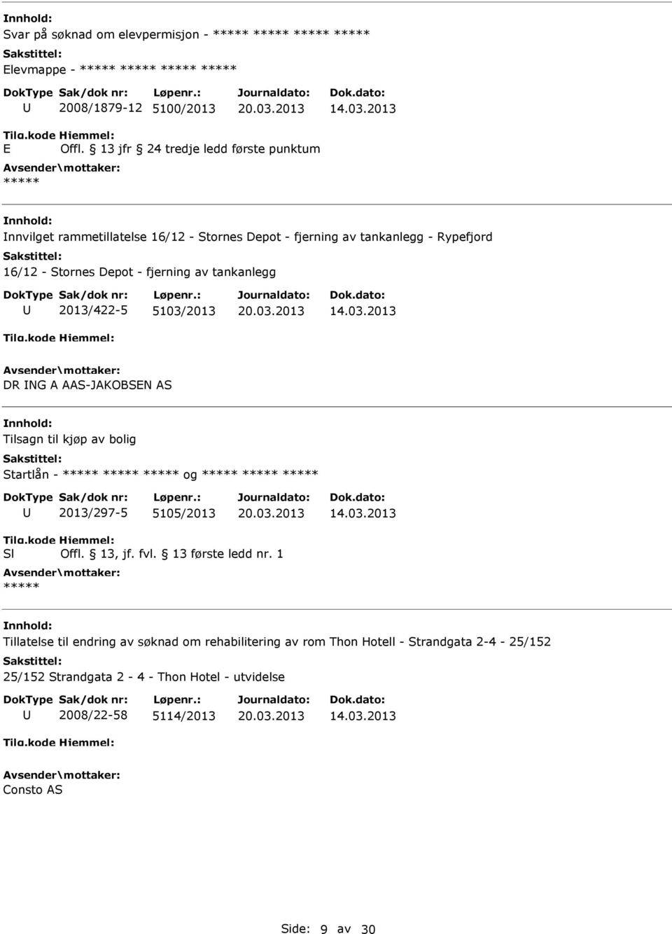 Stornes Depot - fjerning av tankanlegg 2013/422-5 5103/2013 DR NG A AAS-JAKOBSEN AS Tilsagn til kjøp av bolig Startlån - og 2013/297-5