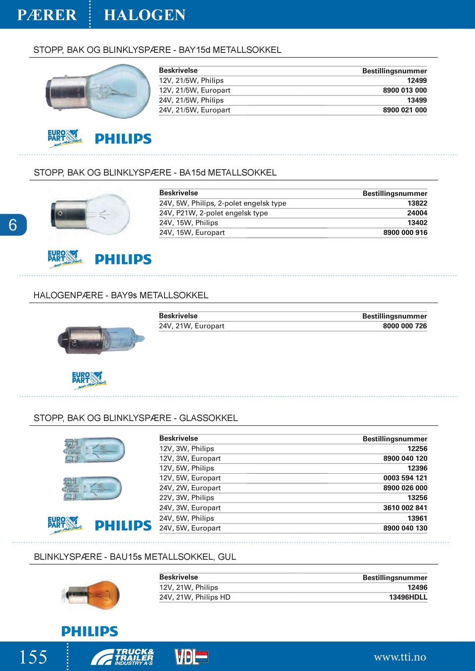 METALLSOKKEL 24V, 21W, Europart 8000 000 726 STOPP, BAK OG BLINKLYSPÆRE - GLASSOKKEL 12V, 3W, Philips 12256 12V, 3W, Europart 8900 040 120 12V, 5W, Philips 12396 12V, 5W, Europart 0003 594 121 24V,