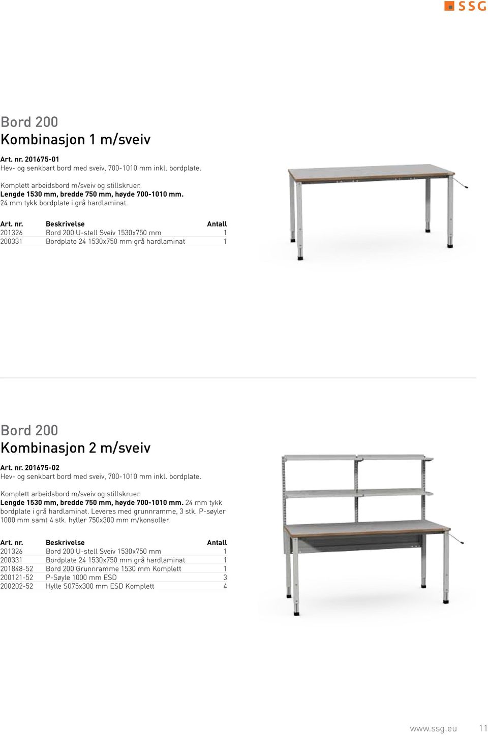 Antall 201326 Bord 200 U-stell Sveiv 1530x750 mm 1 200331 Bordplate 24 1530x750 mm grå hardlaminat 1 Bord 200 Kombinasjon 2 m/sveiv Art. nr.