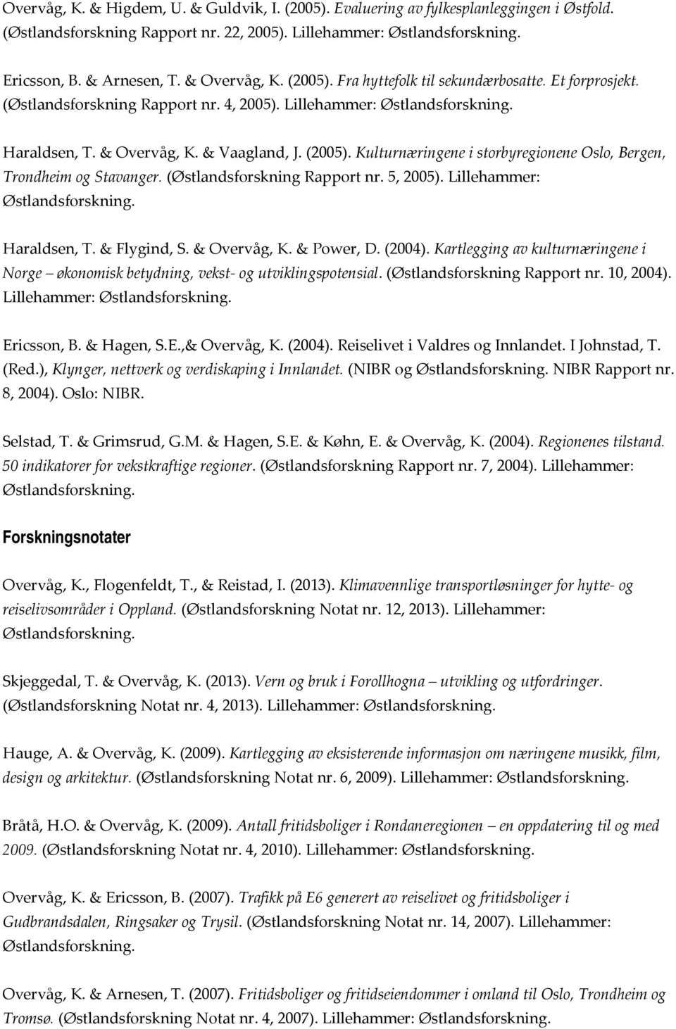 (Østlandsforskning Rapport nr. 5, 2005). Lillehammer: Haraldsen, T. & Flygind, S. & Overvåg, K. & Power, D. (2004).