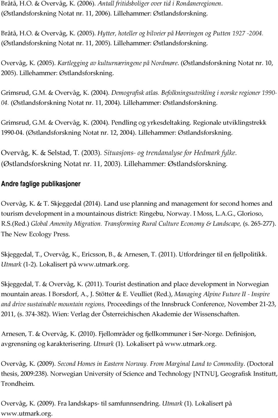 (Østlandsforskning Notat nr. 10, 2005). Lillehammer: Grimsrud, G.M. & Overvåg, K. (2004). Demografisk atlas. Befolkningsutvikling i norske regioner 1990 04. (Østlandsforskning Notat nr. 11, 2004).
