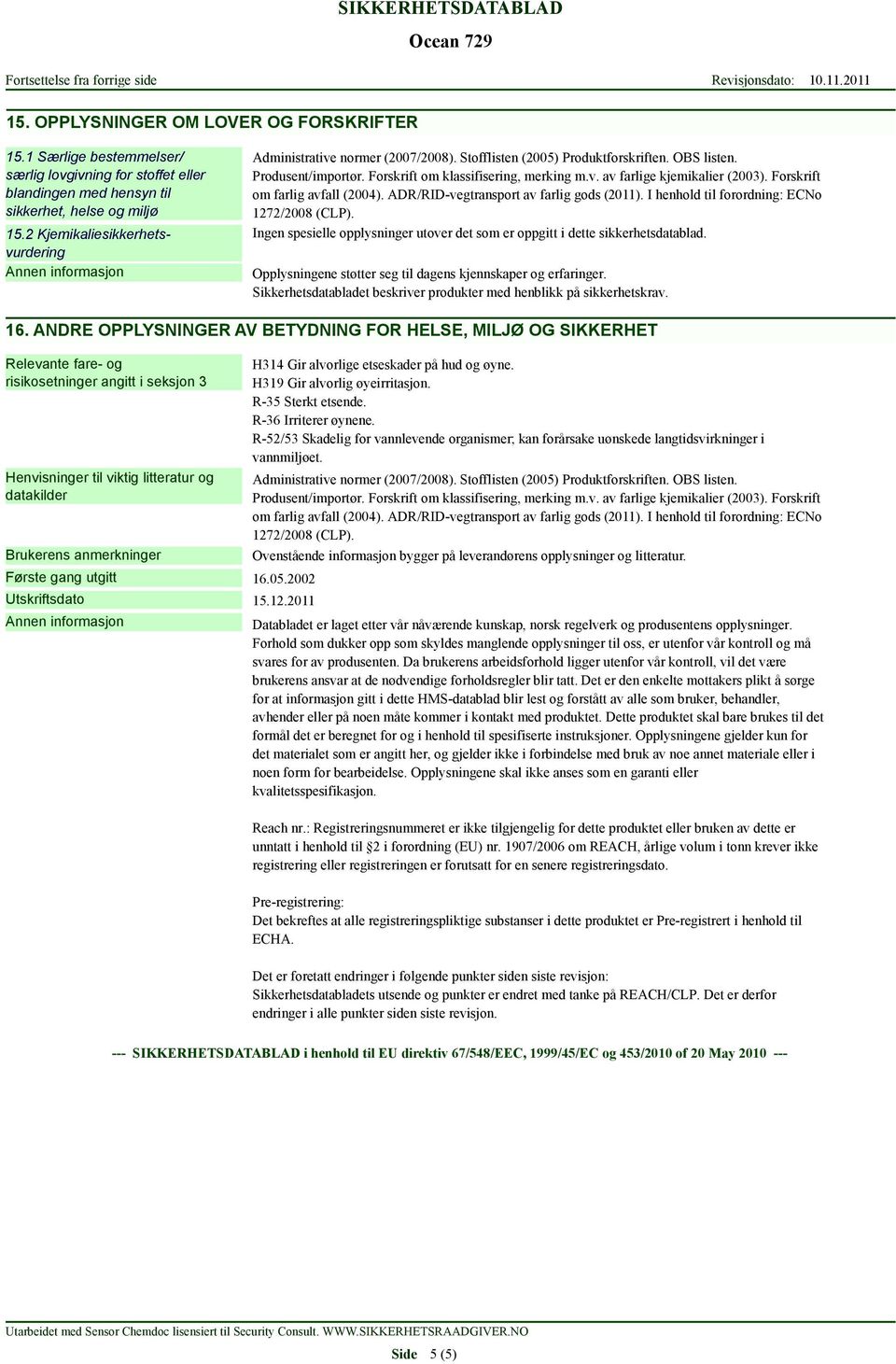 Forskrift om farlig avfall (2004). ADR/RID-vegtransport av farlig gods (2011). I henhold til forordning: ECNo 1272/2008 (CLP).