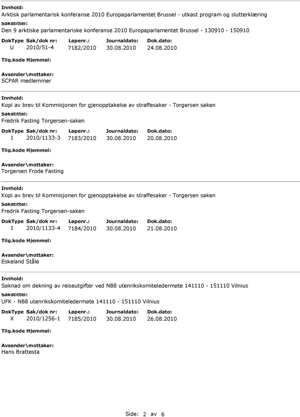 2010 SCPAR medlemmer Kopi av brev til Kommisjonen for gjenopptakelse av straffesaker - Torgersen saken Fredrik Fasting Torgersen-saken 2010/1133-3 7183/2010 20.08.