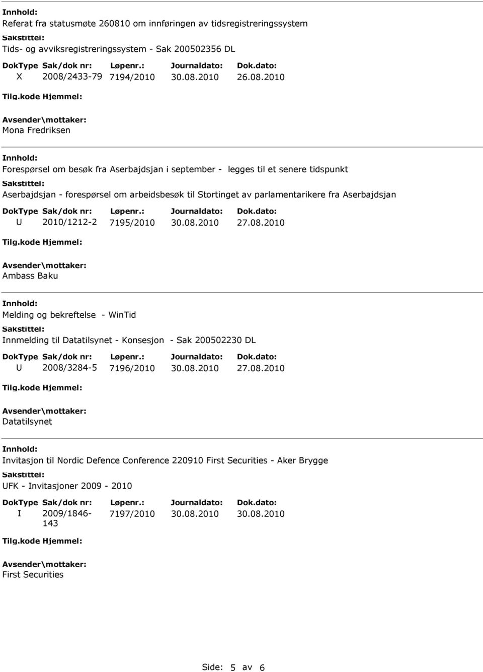 parlamentarikere fra Aserbajdsjan 2010/1212-2 7195/2010 Ambass Baku Melding og bekreftelse - WinTid nnmelding til Datatilsynet - Konsesjon - Sak 200502230 DL