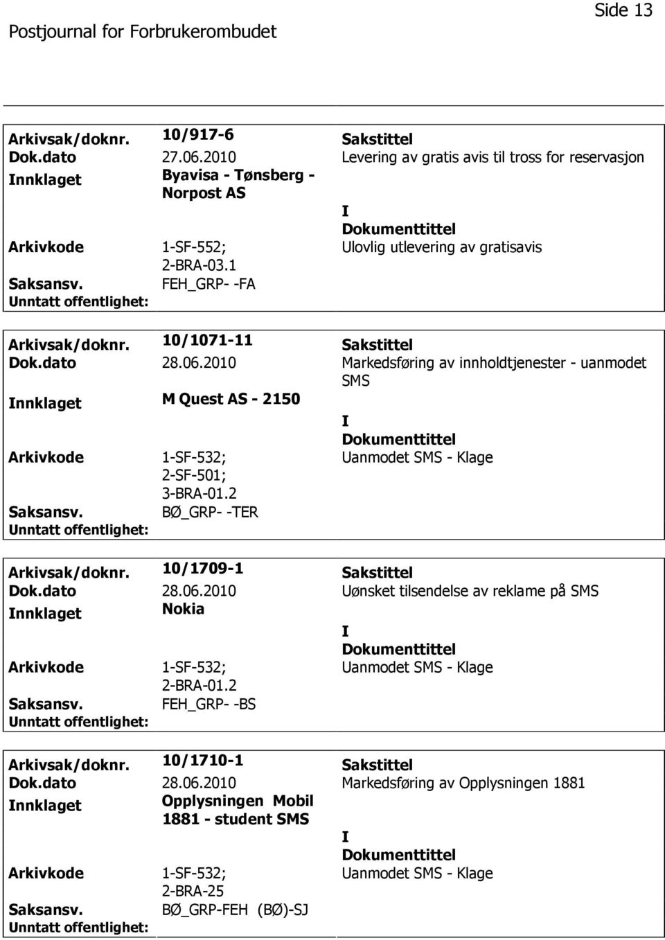 2010 Markedsføring av innholdtjenester - uanmodet SMS nnklaget M Quest AS - 2150 1-SF-532; 2-SF-501; 3-BRA-01.2 anmodet SMS - Klage BØ_GRP- -TER Arkivsak/doknr. 10/1709-1 Sakstittel Dok.