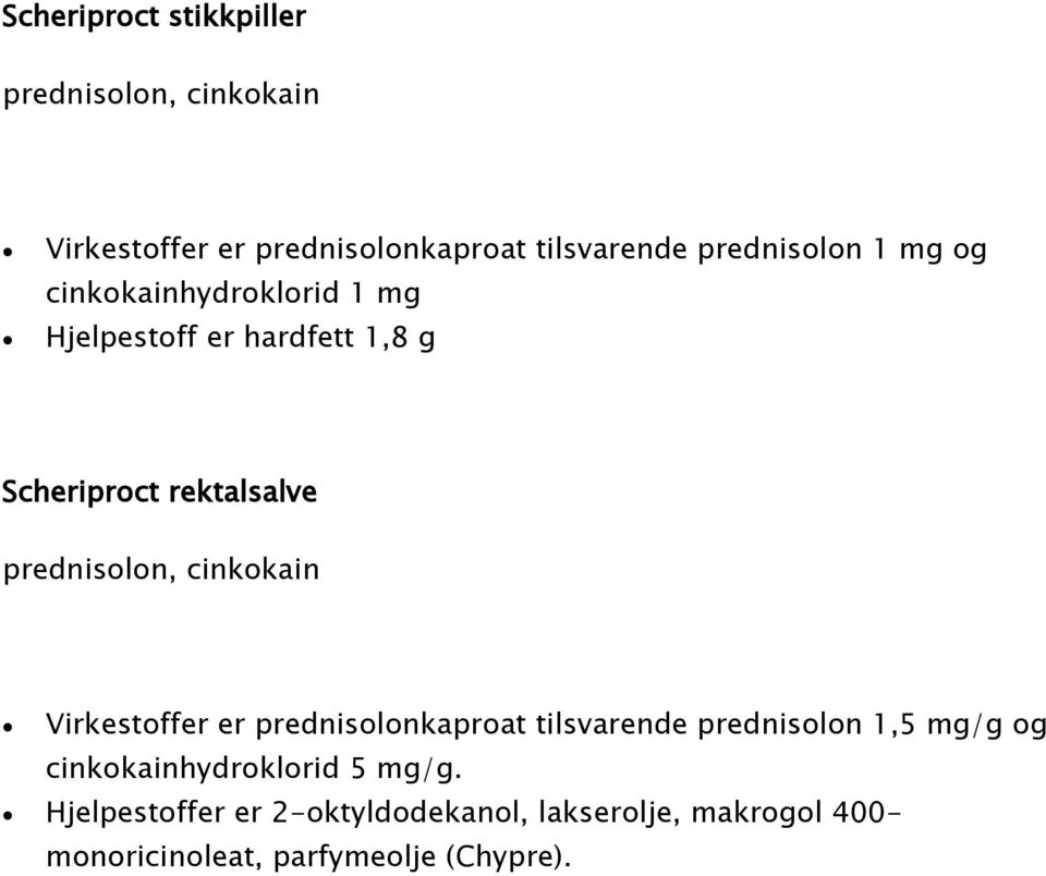 prednisolon, cinkokain Virkestoffer er prednisolonkaproat tilsvarende prednisolon 1,5 mg/g og
