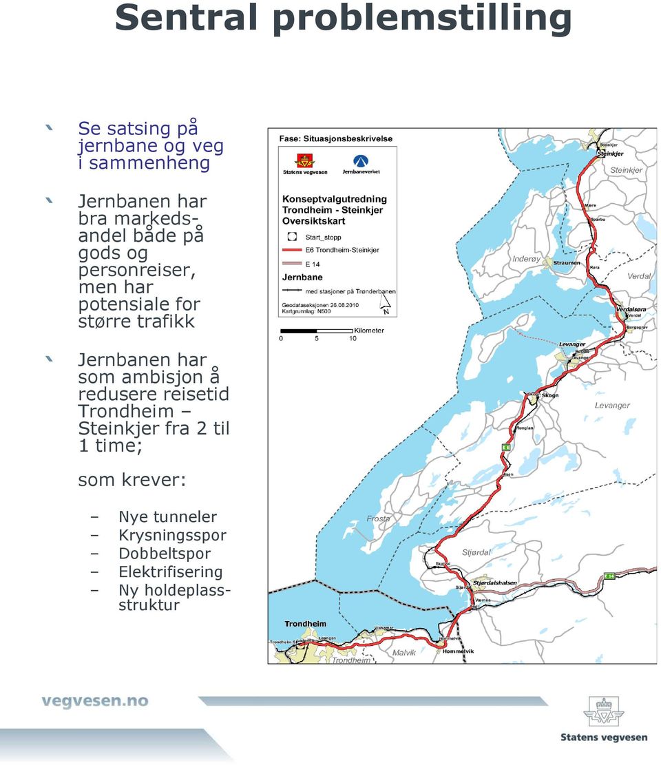 Jernbanen har som ambisjon å redusere reisetid Trondheim Steinkjer fra 2 til 1 time;