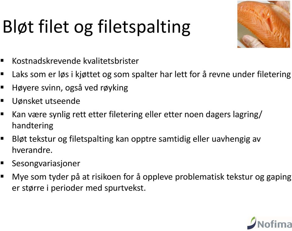 etter noen dagers lagring/ handtering løt tekstur og filetspalting kan opptre samtidig eller uavhengig av hverandre.