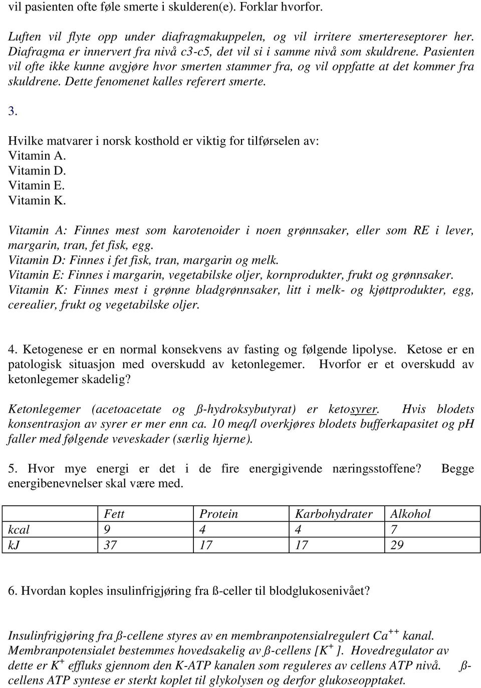 Dette fenomenet kalles referert smerte. 3. Hvilke matvarer i norsk kosthold er viktig for tilførselen av: Vitamin A. Vitamin D. Vitamin E. Vitamin K.